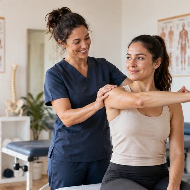 A physiotherapist helping a patient with a shoulder stretch in a warm clinic.