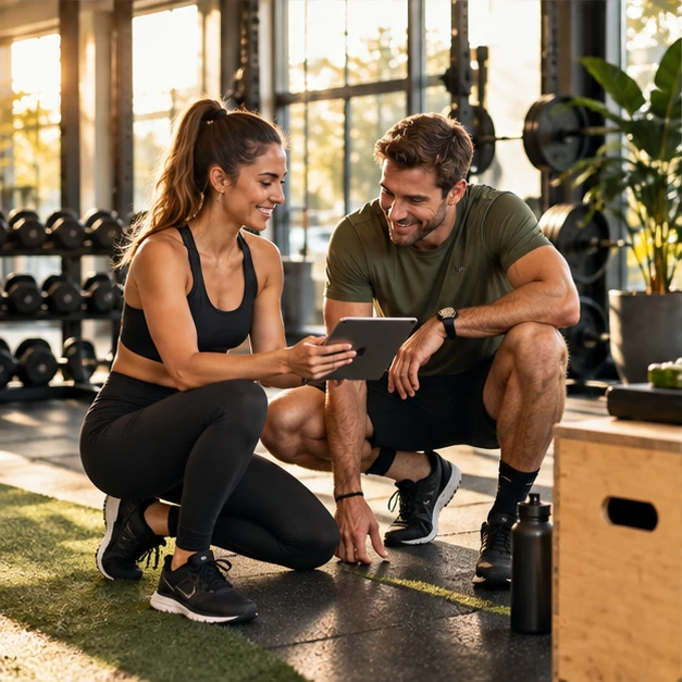 A fitness coach and gym member reviewing a training plan together.