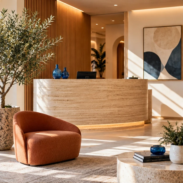 A warm, contemporary clinic reception area prepared to welcome patients.