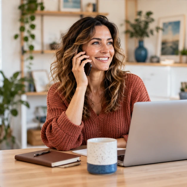 A business owner speaking with a customer by phone from a calm home office.