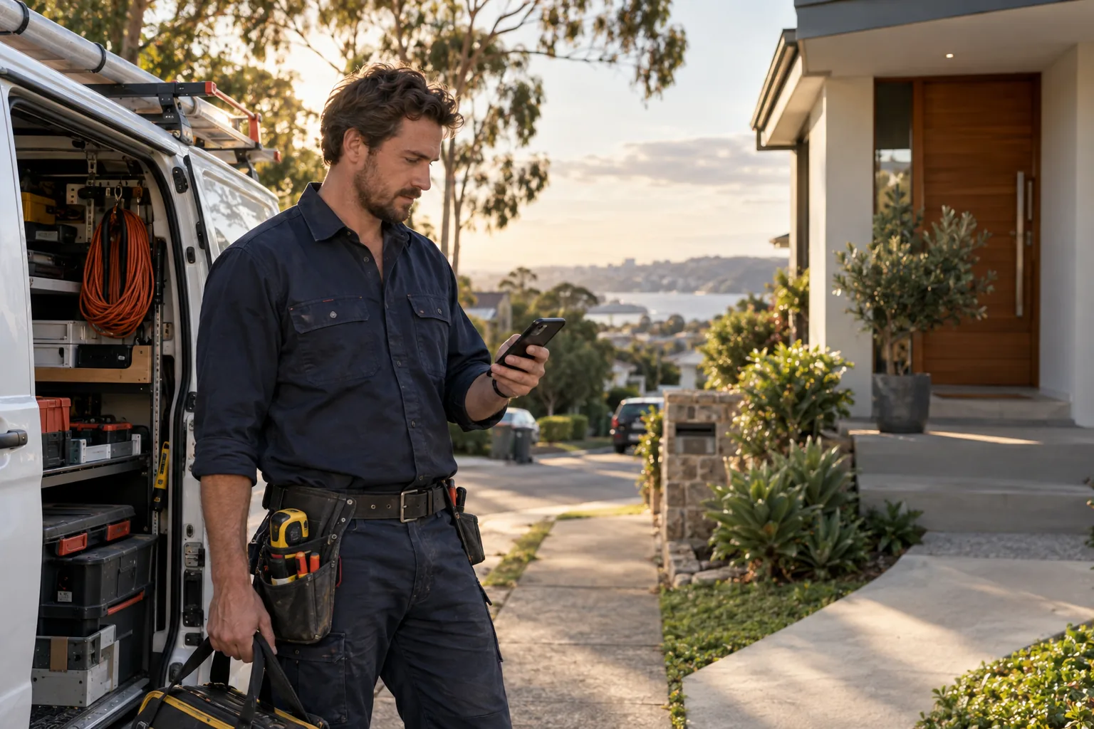 A home-services electrician reviewing a new job on his phone beside an equipped service van.
